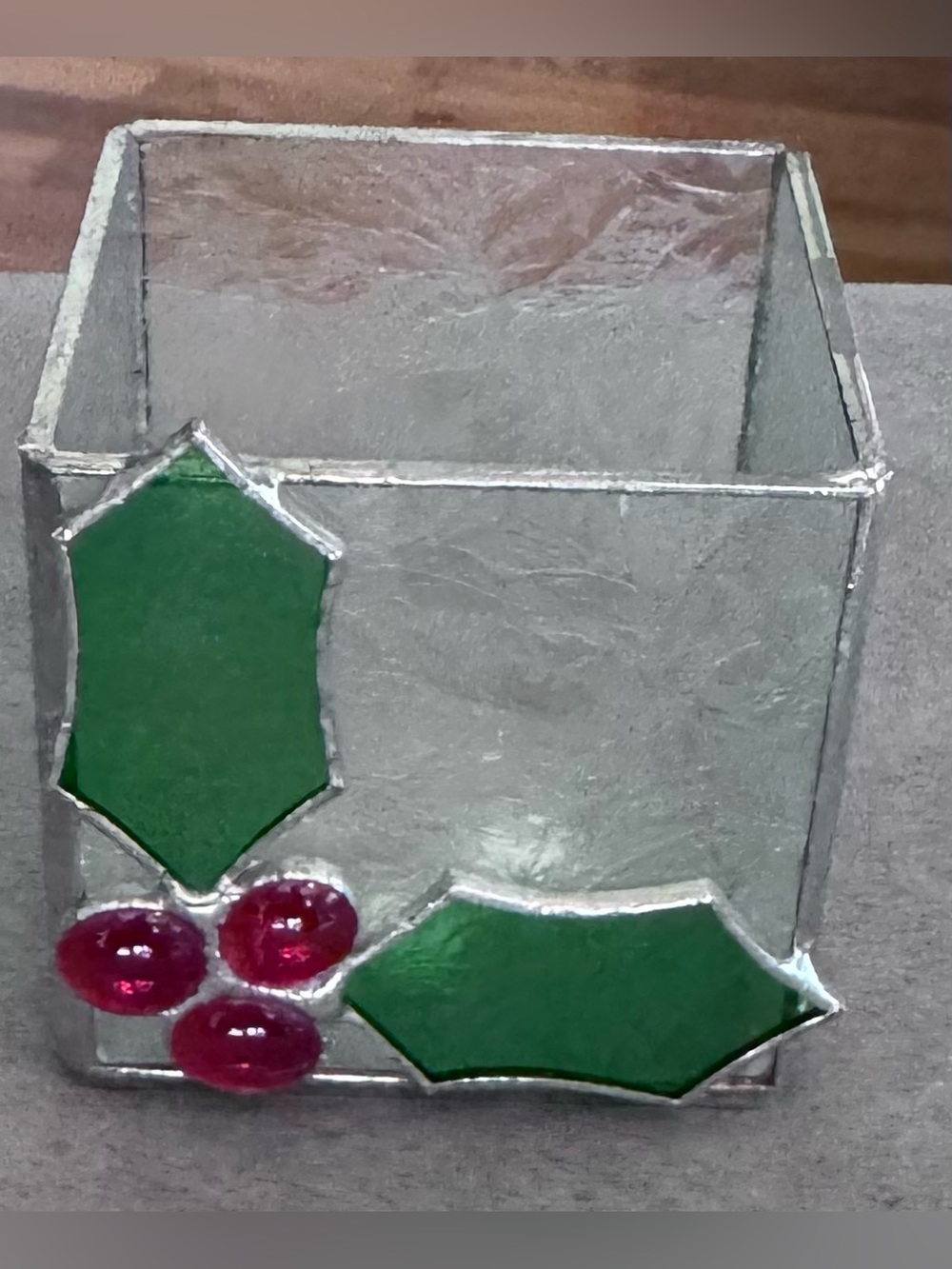 Stained Glass Holiday Votive Holder with Green Holly and Red Berries